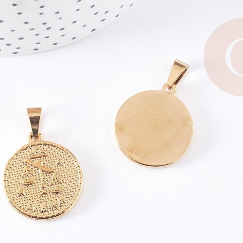 Pendentif médaille ronde balance acier doré,signe astrologique, pendentif doré,sans nickel,laiton doré,médaille or,2.9cm, x1 ,g0817