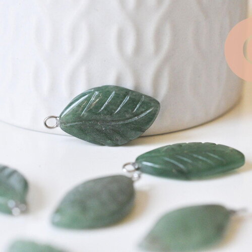 Pendentif feuille aventurine support platine, 28mm, x1 g4980