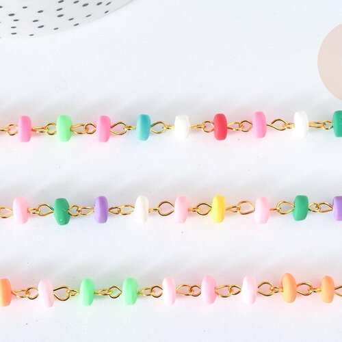 Chaine fer doré perles disques polymère multicolore heishi 6~7x3mm, bijoux heishi coloré, x1m (g7306)