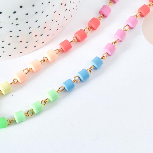 Chaine perles tubes polymère multicolore heishi fer doré 6mm, fabrication bijoux coloré, x1m (g7237)