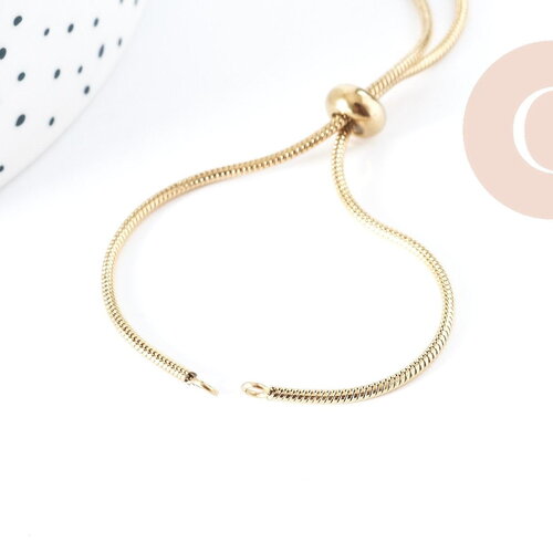 Bracelet réglable acier doré 304 inoxydable, 14k maille serpent, 23cm, x1 (g5688)