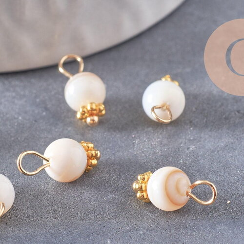 Breloque ronde nacre blanche &amp; beige naturelle zamac doré 12.5mm, x5 g10021