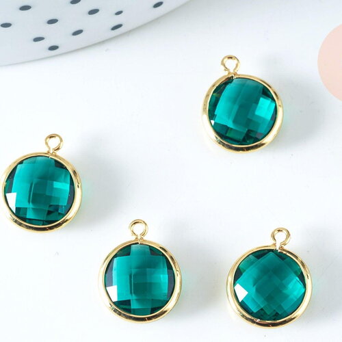 Pendentif rond laiton doré 18 carats cristal vert 14mm,pendentif création bijoux, x1 g6352