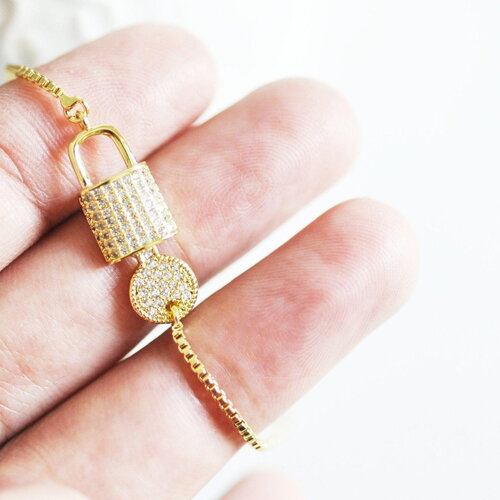 Bracelet réglable laiton doré 14k cadenas et clef zircon, bracelet laiton or, sans nickel, bracelet zircon doré,26cm, x1 (g2572)