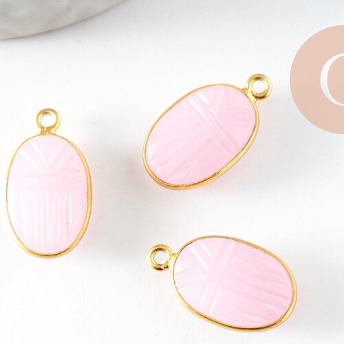 Pendentif scarabée calcedoine rose naturelle argent 925 doré 18k 20mm, création bijou talisman en pierre x1 g9440