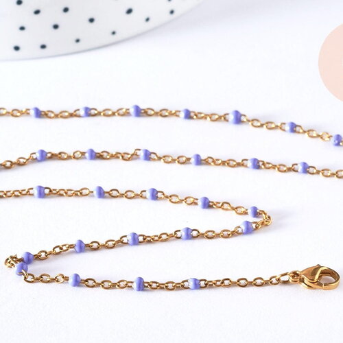 Bracelet ou collier acier doré 14k résine lilas 1.5mm-20.5cm, x1 (g3598)
