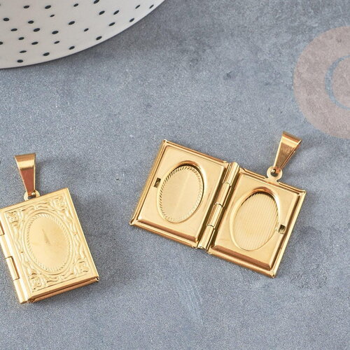 Pendentif locket livre acier 316 inoxydable doré 26mm, x1 (g6327)