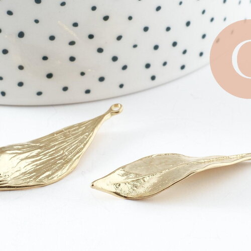 Pendentif feuille laiton brut 46.5mm, feuille dorée pour création bijoux, x2 (g7622)