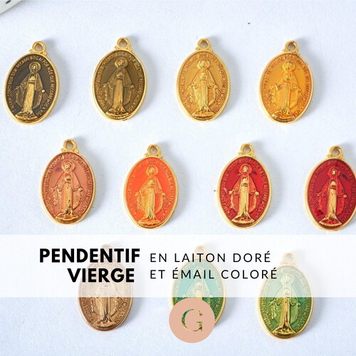 Pendentif médaille ovale vierge marie laiton doré émail 19.5mm x1 (g2939)