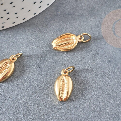 Breloque cauri acier doré 18k,sans nickel, bijou coquillage,pendentif plage,acier inoxydable,18.6mm, x1 g2875