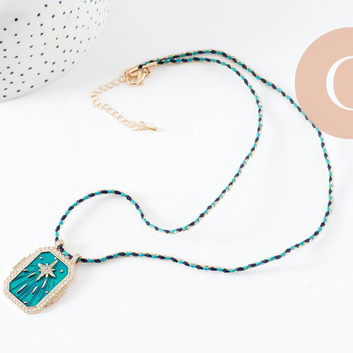 Collier médaille émaillée étoile turquoise zircon zamac doré, collier cordon tressé 45cm x1 (g9571)