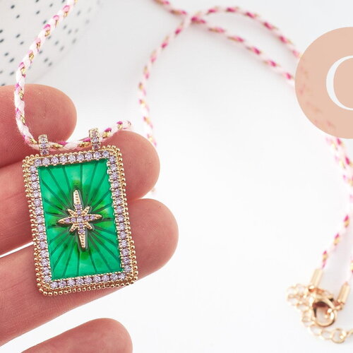 Collier médaille émaillée étoile vert zircon zamac doré, collier cordon tressé 45cm x1 (g9564)