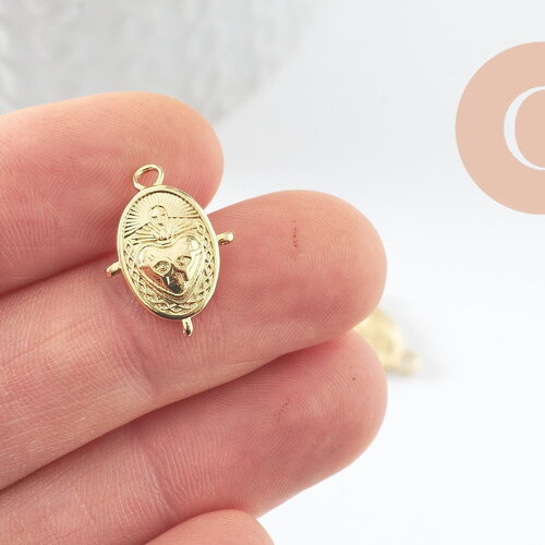 Pendentif ovale coeur ex-voto laiton doré avec 3 anneaux 18mm, x1 g10017