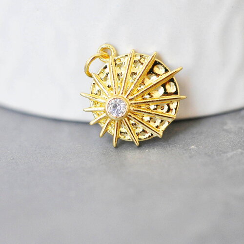 Pendentif médaille ronde soleil laiton doré zircon, un pendentif doré avec cristaux pour création bijoux,18mm, x1 g3469