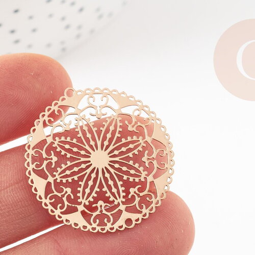 Pendentif estampe filigrane rond fleur laiton doré 31.5mm, pendentif très fin et léger pour création de bijoux, x2 g9275