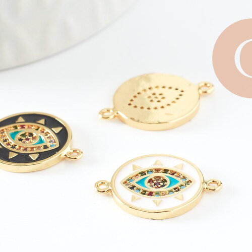 Pendentif connecteur oeil cristal zircon émail coloré,pendentif en laiton doré porte-bonheur contre mauvais oeil 20mm, x1 (g3575)