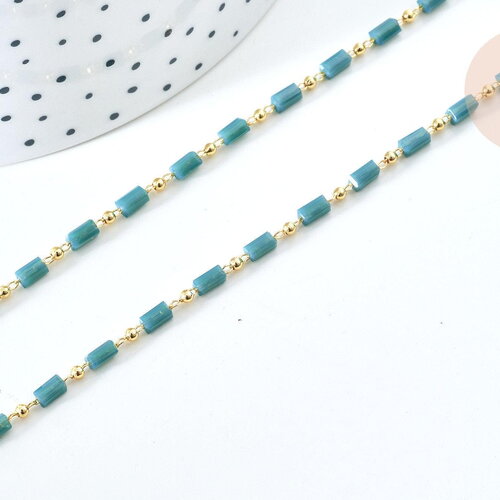 Chaine perle tube verre vert laiton doré 18k 2.5x4.5mm, création de bijoux coloré diy, x1 mètre g7822