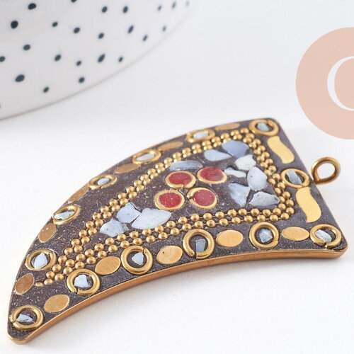 Pendentif corne en laiton et pierres, pierre naturelle, pendentif doré, pendentif pierre, pendentif tibétain, 61mm, x1 (g3086)