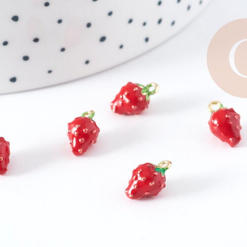 Breloque fraise émail rouge laiton doré 18k 11.5mm, création bijoux fruit , x1 g8920