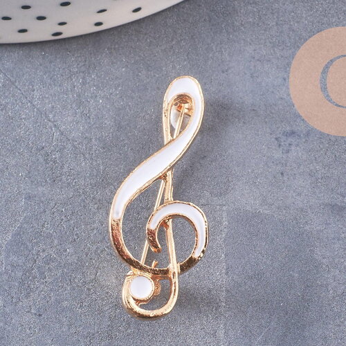 Broche clef de sol émail blanc zamac doré 39mm, x1 (g10215)