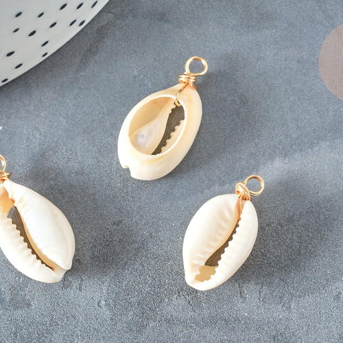 Pendentif coquillages cauri blanc fil doré 18k 27-30mm, x1 (g7353)