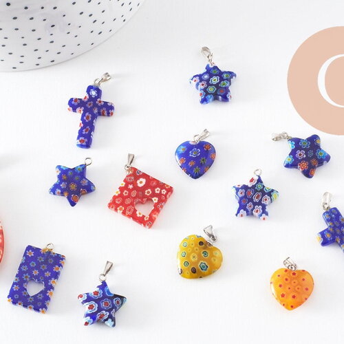Pendentif millefiori verre murano 15-43mm, pendentif verre artisanal forme variée, x2 (g1130)