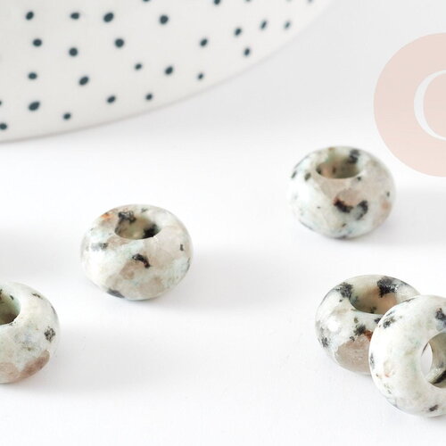 Perle rondelle donut jaspe sésame blanc naturelle 14mm, rondelle pierre pour création bijoux x2 g9213