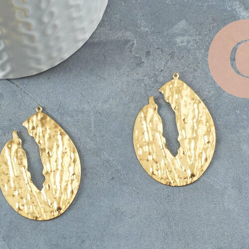 Pendentif laiton doré goutte évidée martelé, breloques laiton brut sans nickel pour création bijoux géométrique,42mm, x2 (g4679)
