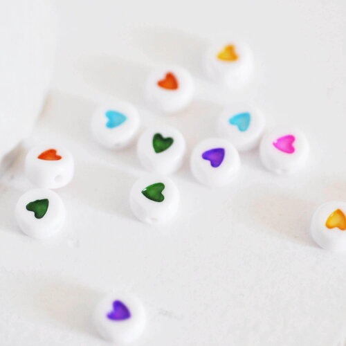 Perle ronde coeur coloré plastique blanc 7mm,perle plastique,perle ronde lettre,création bijoux,perle coeur, x 10 grammes-g1805