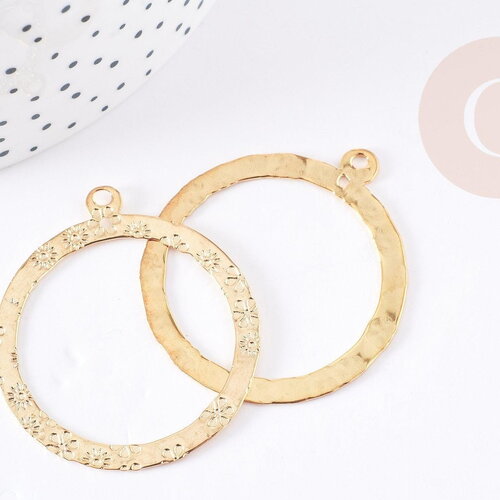 Pendentif rond imprimé acier doré 43mm, x1 (g3448)