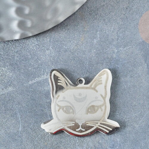 Pendentif tête de chat mystique argenté acier inoxydable 22mm pour la création de bijoux en acier inoxydable, x1 g7614