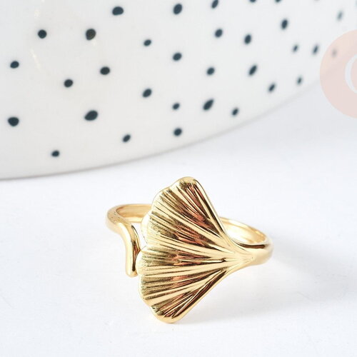 Bague réglable feuille gingko acier doré 304 inoxydable taille 57, x1 (g7636)