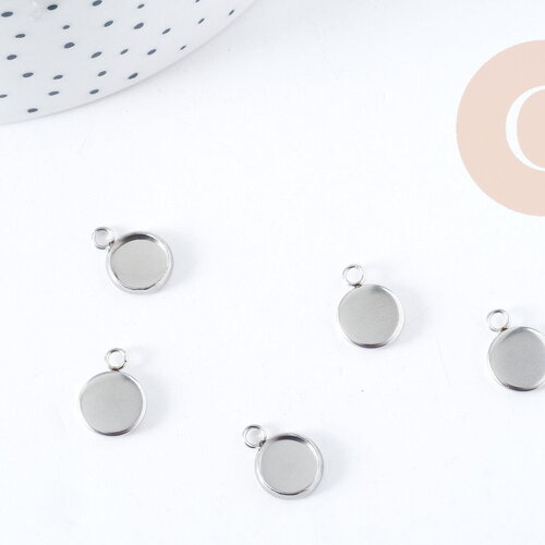 Pendentifs supports cabochons ronds acier 304 inoxydable argenté 8mm, x10 (g8941)