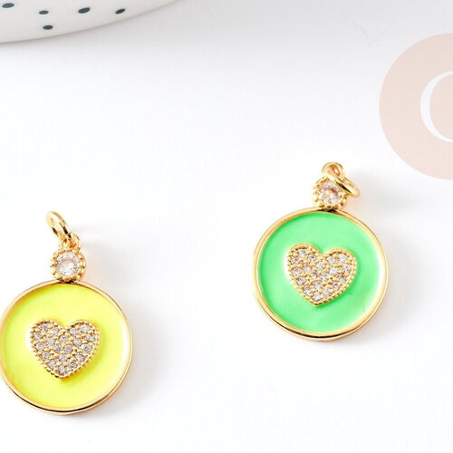 Pendentif médaille rond coeur émail laiton doré et zircon, pendentif laiton insecte,sans nickel,22mm,x1 g4064