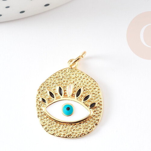 Pendentif médaille ronde oeil émail blanc laiton doré 18k et cristal zircon,pendentif laiton amour 22.5mm, x1 g3553