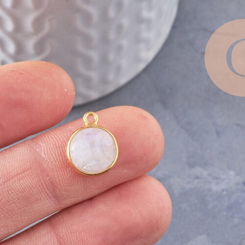 Pendentif visage de lune pierre de lune naturelle argent 925 doré 18k 19mm, pendentif amulette pierre naturelle x1 (g9873)