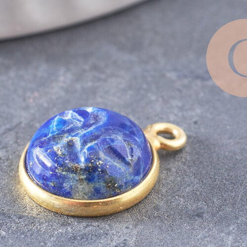 Pendentif visage de lune lapis lazuli naturel argent 925 doré 18k 19mm,pendentif amulette pierre naturelle x1 (g9876)