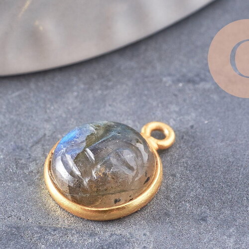 Pendentif visage de lune labradorite naturelle argent 925 doré 18k 19mm, pendentif amulette pierre naturelle x1 (g9877)