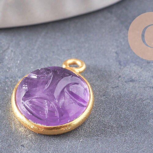 Pendentif visage de lune améthyste naturel argent 925 doré 18k 19mm,pendentif amulette pierre naturelle x1 (g9874)