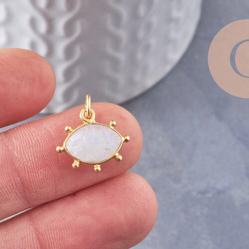 Pendentif oeil pierre de lune naturelle argent 925 doré 18k 15mm, pendentif amulette pierre naturelle x1 (g9870)
