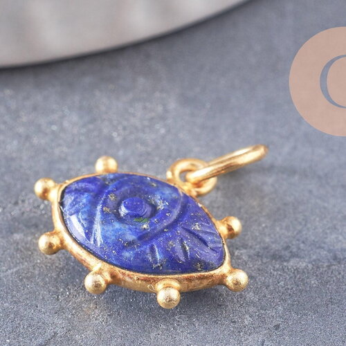 Pendentif oeil lapis lazuli naturel argent 925 doré 18k 15mm,pendentif amulette pierre naturelle x1 (g9868)