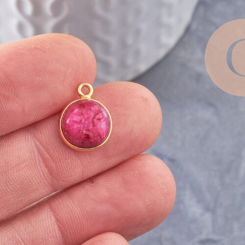 Pendentif visage de lune rubis naturel argent 925 doré 18k 19mm, pendentif amulette pierre naturelle x1 (g9878)