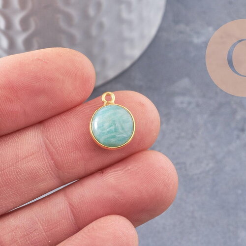 Pendentif visage de lune amazonite naturelle argent 925 doré 18k 19mm,pendentif amulette pierre naturelle x1 (g9872)