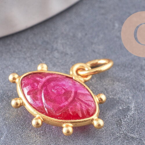 Pendentif oeil rubis naturel argent 925 doré 18k 15mm, pendentif amulette pierre naturelle x1 (g9869)