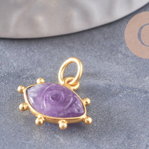 Pendentif oeil améthyste naturel argent 925 doré 18k 15mm,pendentif amulette pierre naturelle x1 (g9867)