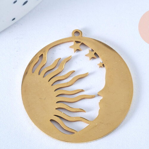 Pendentif lune et soleil acier 201 inoxydable doré 32mm, breloque acier inoxydable doré pour création bijoux, x1 g6187