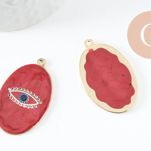 Pendentif ovale oeil protecteur émail rouge bordeau zamac doré 39mm, pendentif laiton émaillé,sans nickel, x1 (g5915)