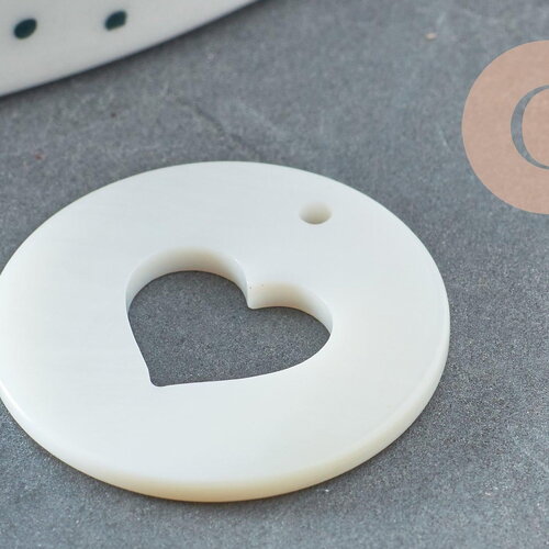 Pendentif rond nacre blanche coeur, pendentif coquillage, coquillage blanc,coquillage naturel, 25mm, x2 g2187