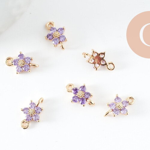 Pendentif connecteur fleur doré 24 carats zircon violet,pendentif doré cristal, 12.5mm, x1 (g4035)