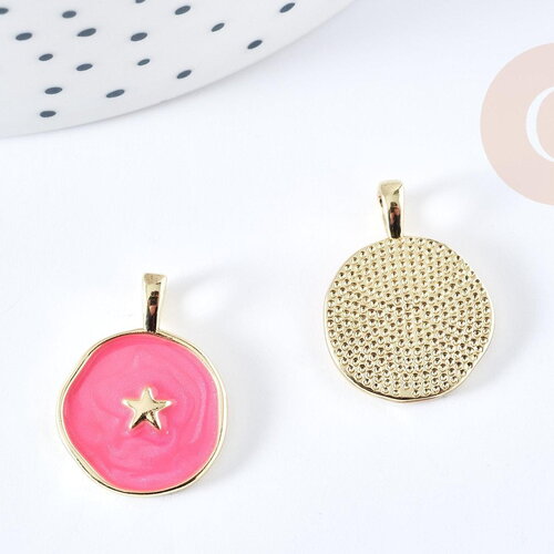 Pendentif médaille rond étoile émail rose laiton doré 18mm, pendentif laiton émaillé,sans nickel, x1 g8550